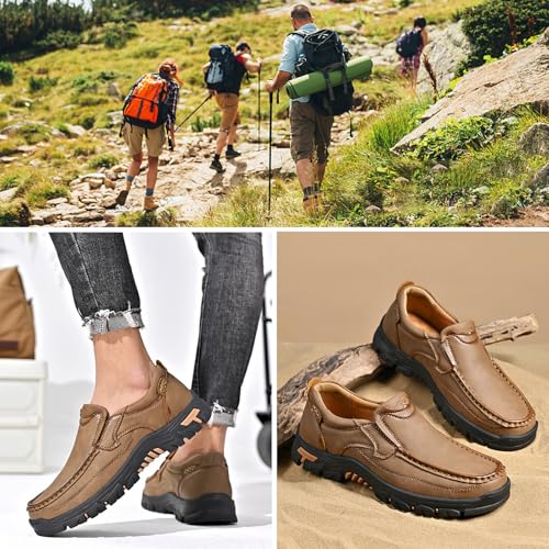 Men Slip on Loafers, Leather Hiking Shoes, Waterproof Causal Sneakers, Work Walking Slippers, Easy Wear on/Off, for Travel, Camping, Running3