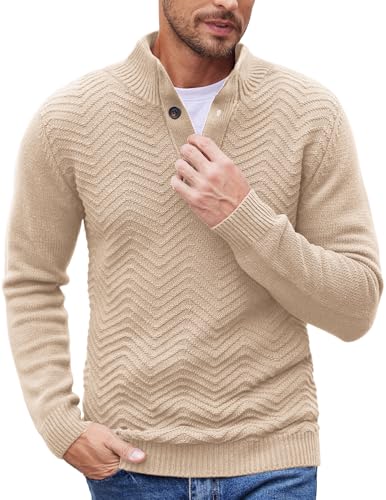 COOFANDY Men Turtleneck Knitted Sweater Quarter Button Long Sleeve Fashion Pullover Light Khaki