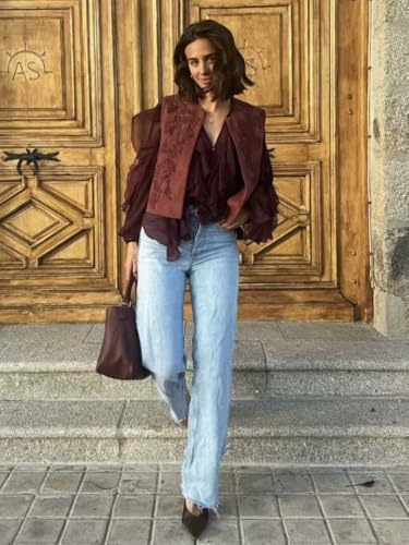 hathne Embroidered Faux Suede Vest for Women Floral Embroidered Vest Sleeveless Open Front Vintage Vests3