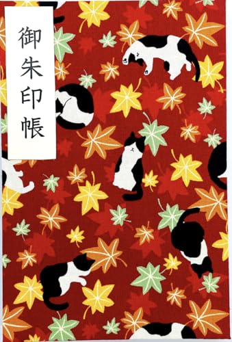 【ハチワレ猫ちゃん】大判サイズ 御朱印帳・蛇腹タイプ・12山24頁(片面使い)/24山48頁(両面使い)・和柄 (紅葉(赤))