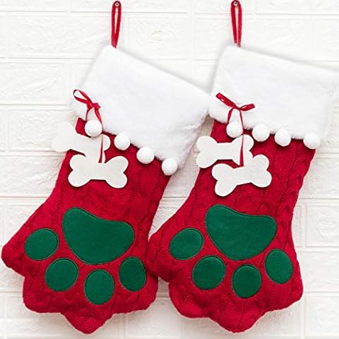 CHERPET Christmas Dog Stocking Hanger - Red Cute Personalised Cable Knitted Large Dogs Paw Stockings with Bone Holiday Party Gift Accessories for Puppy/Cats/Kittens/Small Annimals Cover