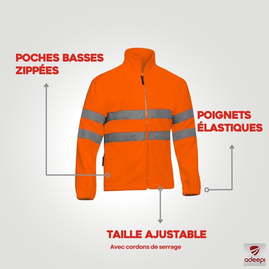 Polaire HV orange | Haute-Visibilité | Deux poches frontales zippées | Fermeture centrale zippée | Bandes réfléchissantes | Taille ajustable | Usage Professionnel | Orange Fluo | De XS au 4XL