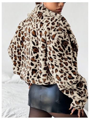MakeMeChic Women's Faux Fur Leopard Print Coat Long Sleeve Lapel Neck Cropped Jacket Outerwear2