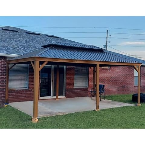 Domi Outdoor Living 14x20FT Hardtop Gazebo, Permanent Metal Gazebo with Galvanized Steel Double Roof and Aluminum Frame, Curtain and Netting, Large Pavilion Gazebo, Wood Looking Cover