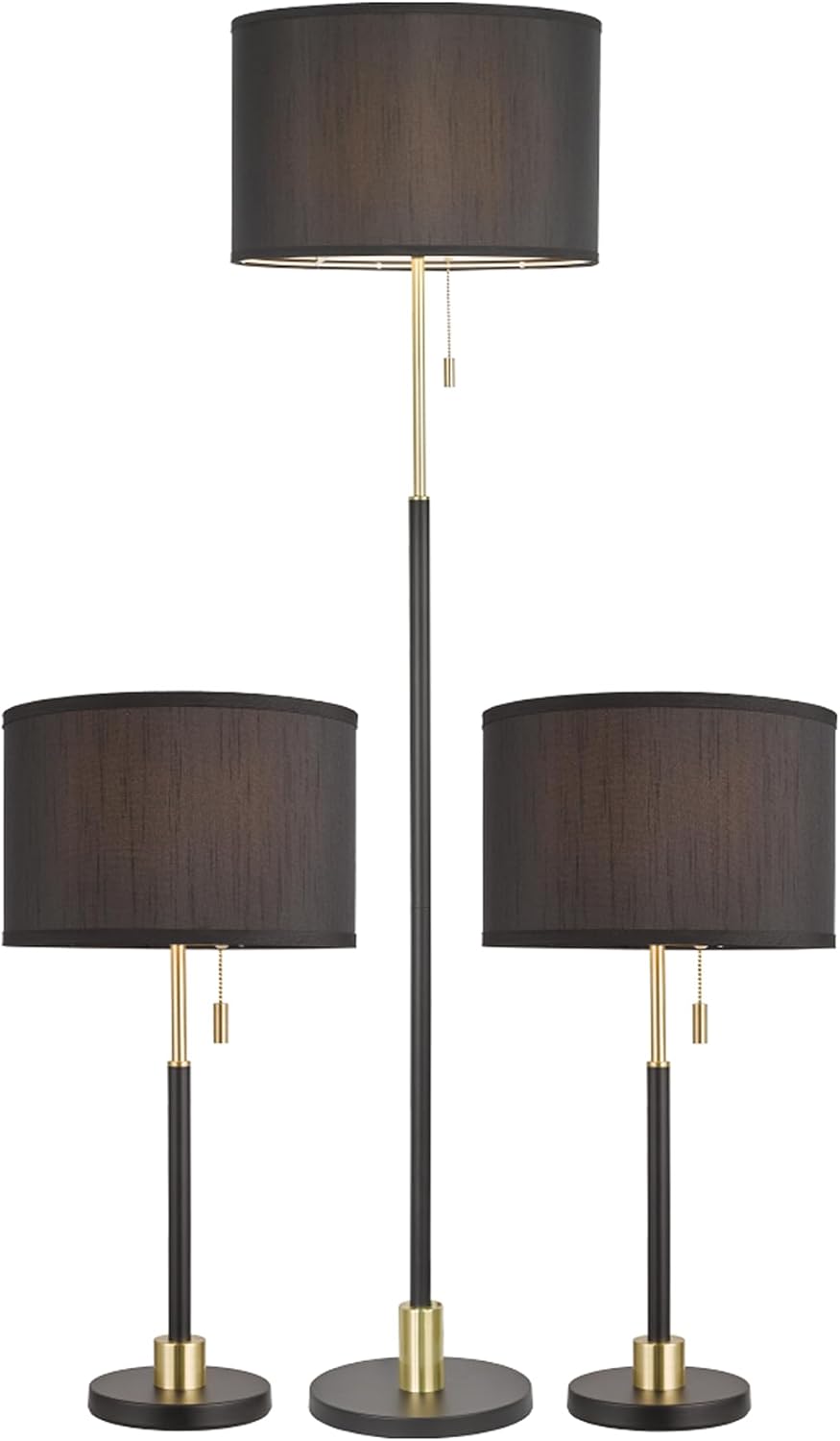 Table and Floor Lamp Set of 3 Pack Lamp Set with Black Linen Lampshade, Farmhouse Light Sets, Modern Table Lamps and Floor Lamp for Living Room, Bedroom, Nightstands, Black and Gold Splicing Finish
