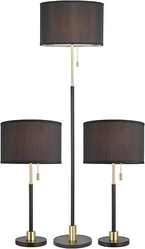 Table and Floor Lamp Set of 3 Pack Lamp Set with Black Linen Lampshade, Farmhouse Light Sets, Modern Table Lamps and Floor Lamp for Living Room,