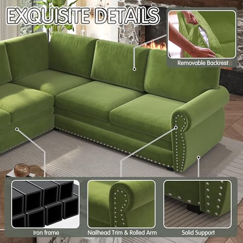 Image of KCGKCG 118 inch Sleeper Sofa Bed, Sectional Couches for Living Room /Apartment, Chenille L Shaped Couch with Pull Out Couch Bed, Convertible Sectional Sofa with Rolled Arm & Nailhead Trim, Light Green