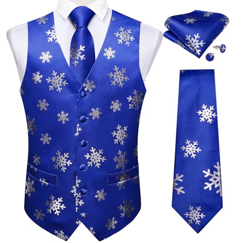 DiBanGu Herren-Krawattenset mit Paisley-Muster, 6 Stück, vorgebunden, formelle Weste, Smoking-Weste, Blaue Weihnachts-Schneeflocke., L
