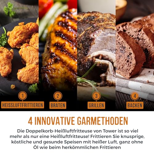 Tower T17100 Vortx Vizion 9 L Heißluftfritteuse mit Zwei Körben, Digitalem Bedienfeld & 10 One-Touch-Voreinstellungen, Schwarz