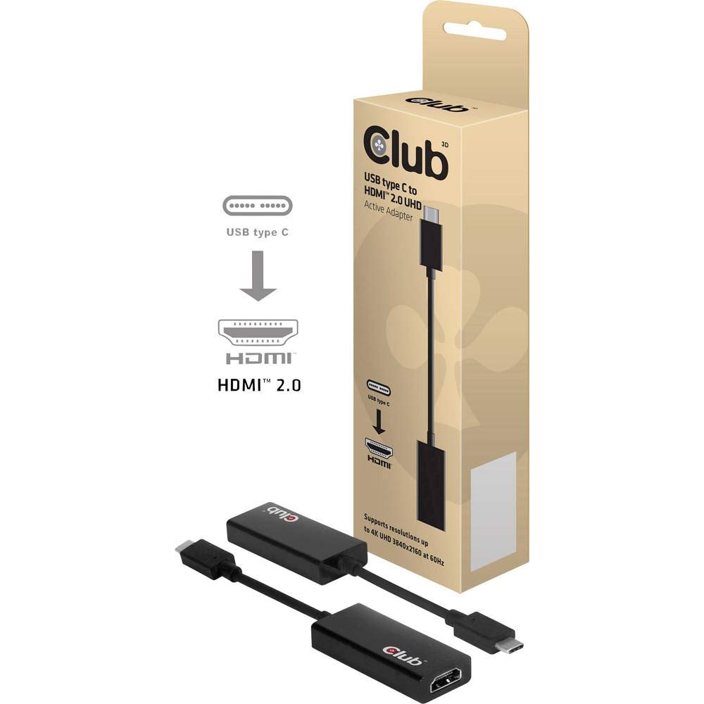 CLUB3D USB 3.1 Type C to HDMI 2.0 UHD Active Adapter - Cable Interface/Gender adapters (Male/Female, Black, Gold, 3840 x 2106 Pixels, 3840 x 2106 Pixels, Active)