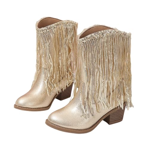 Kids Gold Cowboy Boots for Girls Sparkly Sequins Tassel Leather Western Cowgirl Boots Casual Mid Calf Riding Shoes2