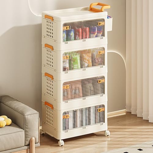 THABATAD 4-Tier Stackable Storage Bins with Wheels and Lid, Foldable Storage Box with Side Box, Collapsible Storage Organizer, Storage Containers for Living Room, Bedroom, Kitchen, Bathroom, Office