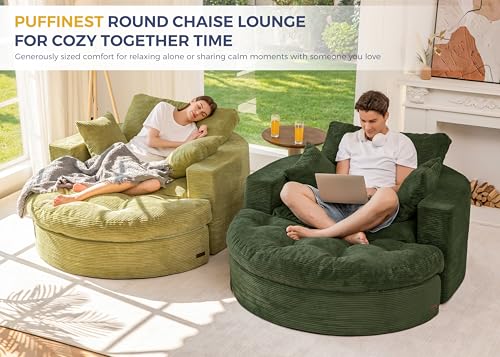 Image of MAXYOYO Modular Sectional Chaise Lounge Sofa, Round Upholstered Lounge Chair with Ottoman, Comfy Couch with Layered Cushion, Tufted Sleeper Chair for Living Room, Dark Green