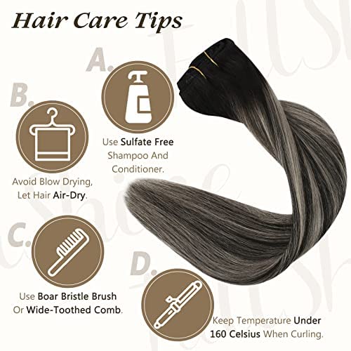 Full Shine Clip in Hair Extensions Black And Silver Double Weft Clip on Extensions Remy Human Hair Black Ombre Straight Seamless Human Hair Extensions 18 Inch 120g thumbnail