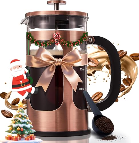 BAYKA 34oz 1 Liter French Press Coffee Maker, Christmas Coffee Lover Gifts Basket Set, Heat Resistant Thickened Borosilicate Glass Stainless Steel Brewer, Cold Brew Cafetera Teapot for Kitchen, Copper