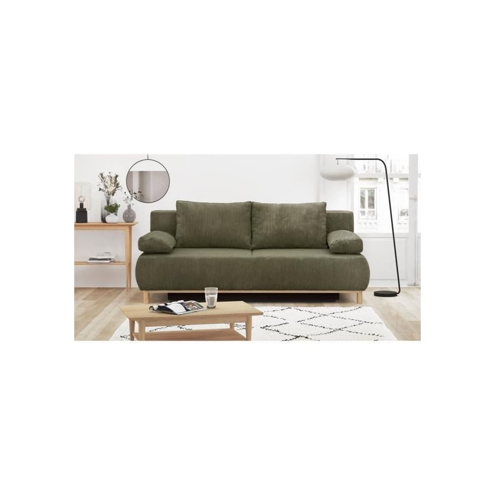 MIKA Banquette Convertible 3 Places Velours côtelé Vert Kaki - Coffre de Rangement - L 192 x H 84 x P 93 cm