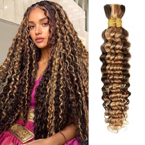 100 Percent Human Boho Braiding Hair Deep Wave Bulk Boho Hair for Braiding Curly Bundles Human Hair for Boho Braids Wet and Wavy Braiding Hair Extension No Weft (18inch #4/27 Highlight)