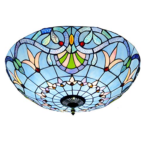 Plafonnier De Style Tiffany, Led Lampe De Plafond En Verre Teinté Bleu Vintage, Suspension De Décoration Moderne Pour Salon, Chambre À Coucher, Salle À...