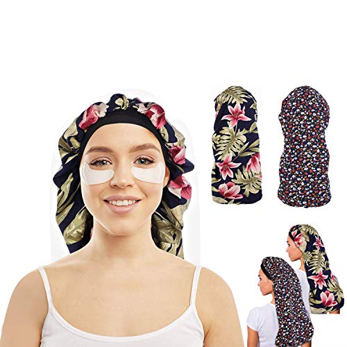 Girzzur Double Layer Extra Long Satin Bonnet for Braids（2 Pieces） Hair Bonnet for Sleeping Silky Dreadlock Cap Extra Long Bonnet (Daisy Print + Big Flower)