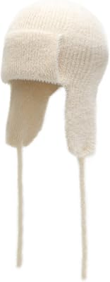 ZLYC Women Winter Knitted Earflap Beanie Hat Soft Cashmere Feel Warm Ski Skully Cap (Plain Cream White)