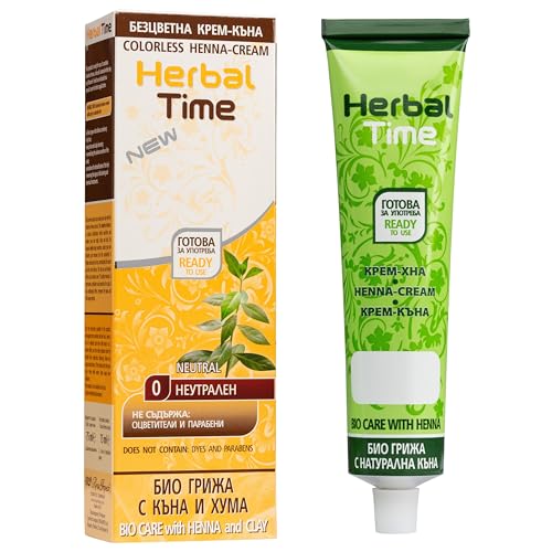 Herbal Time Henna Natural Colorante en Crema con Arcilla | Henna Pelo | Cubre Canas | Crema Tinte Coloración Temporal | Sin Amónico, Sin Sulfatos y Sin Parabenos | Sin Color 0 | 75ml