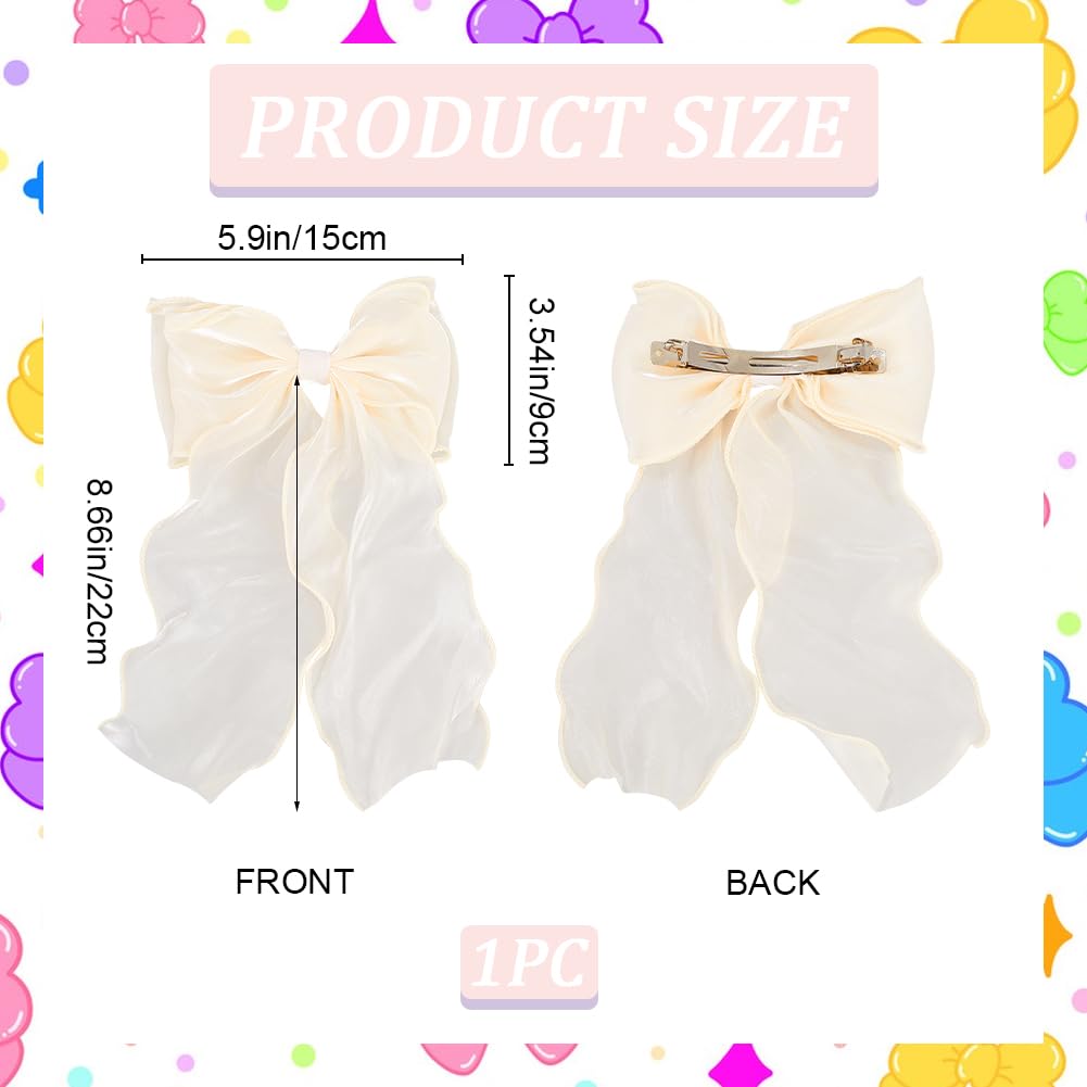 CRASPIRE Bow Hair Barrette Organza Big Bowknot Hair Clip French Platinum Plated Alloy Hairpin Hair Accessory Champagne Gold with Long Ribbon for Women Girls Wedding Party Decoration - Image 2