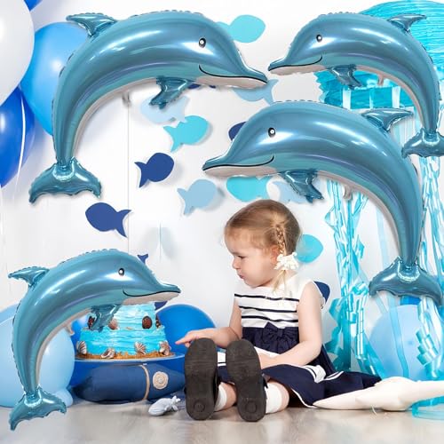 Image of Sea Animal Balloons 4pcs Ocean Themed Balloon Party Decoration,large Blue Dolphin 46 Inch Mylar Balloons,ocean Balloon Birthday Party Decorations