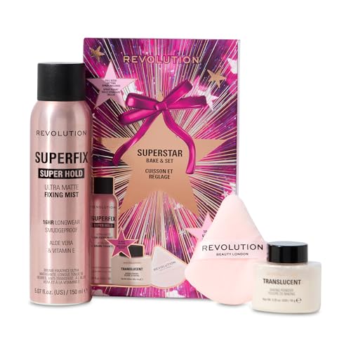 Revolution Superstar Bake & Set, Spray Fijador Superfix y Polvo Suelto Translúcido con Borla de Maquillaje, Acabado de Larga Duración, Vegano y Libre de Crueldad Animal