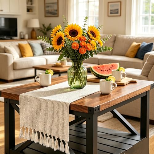 Sofevaim Boho Table Runner 48 Inch, Beige Macrame Dresser Runner with Handmade Tassels, Woven Cotton Linen Coffee Table Runner for Nightstand, End Table, Farmhouse Living Room Decor