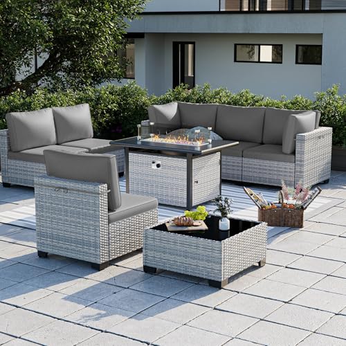 Image of Outdoor PE Wicker Rattan Modular Patio Sectional Sofa Set | 8-Piece: 6 Modular Seats, Coffee Table & 55,000 BTU Fire Pit Table, Grey