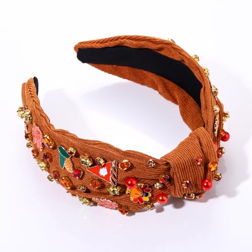 mokkia Thanksgiving Headband Fall Accessories for Women Beaded Turkey Maple Leaf Pumpkin Knotted Headbands Jeweled Rhinestone Pearl Top Knot Headband Autumn Fall Outfit Gifts - Image 6