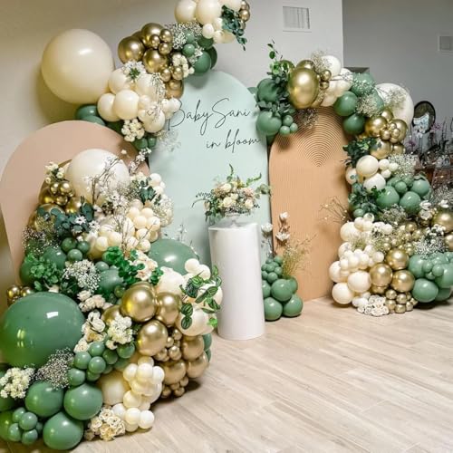 Image of MEBAY Green White Gold Balloon Arch Kit, 146Pcs Avocado Green Metallic Chrome Gold Confetti and White Latex Balloons for Wedding Birthday Baby Shower Decoration