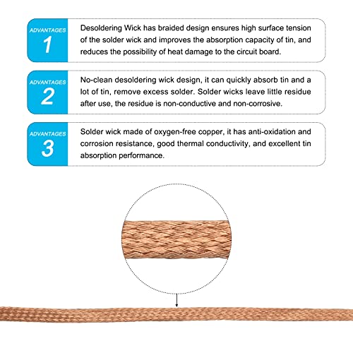 Image of MECCANIXITY Solder Wick Braid No-Clean Desoldering Wick Braid 0.12 Inch Width 4.92 Feet Length for Remove the Solder Electrical Components 5 Pack