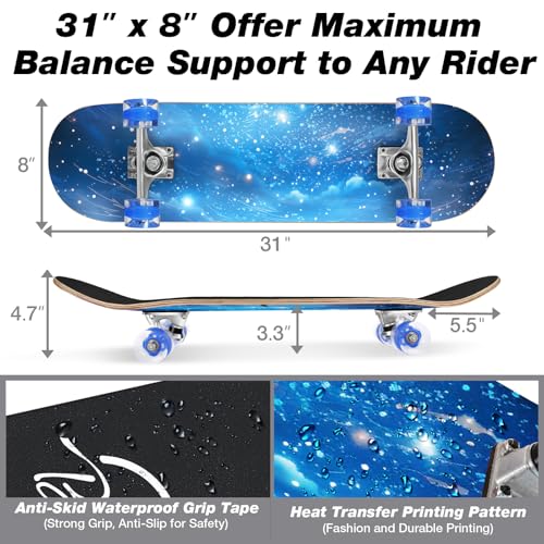 Image of BELEEV Skateboards for Beginners, 31 x 8 inch Complete Skateboard for Kids Teens Adults, 7 Layer Canadian Maple Double Kick Deck Concave Cruiser Trick Skateboard with Multifunction Skate T-Tool