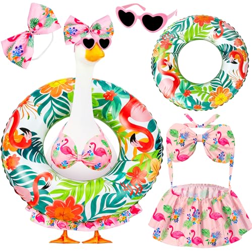 Ciyufavo 23 in Porch Goose Summer Outfit Bikini Hawaiian Porch Goose Swimsuit Clothes Costume Accessories with Bow Glasses Swim Ring for 23 Summer Goose Garden Patio Statue Decor (Flamingos)