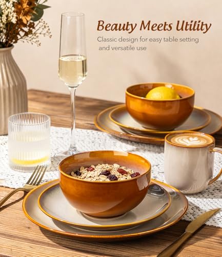 Image of LERATIO Ceramic Dinnerware Sets for 4,16-Piece Reactive Glaze Plates and Bowls Set with Mugs,Highly Chip and Crack Resistant | Dishwasher,Microwave & Oven Safe Dishes set-Kahki