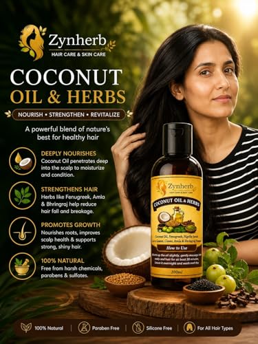 Image of Zynherb Coconut Oil & Herbs Hair Oil with Fenugreek, Nigella Seeds, Amla & Bhringraj, Paraben Free, for All Hair Types, 100ml