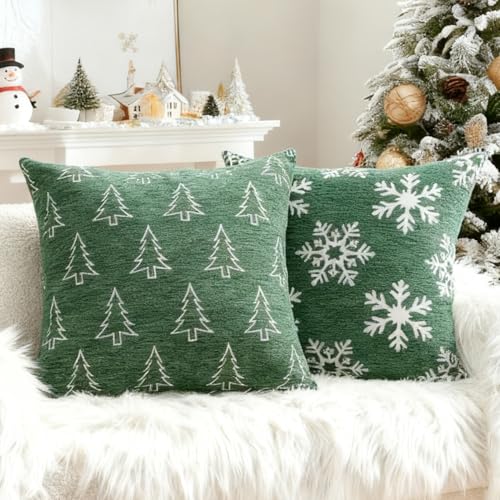 Image of Soft Chenille Christmas Pillow Covers 18x18 Set of 2, Reversible Snowflake & Tree Pattern, Thick & Cozy Farmhouse Holiday Cushion Cases with Hidden Zipper for Sofa Couch Bed(Green,18x18)