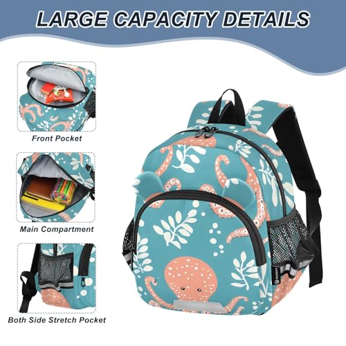Kid's Backpack for Boys & Girls Toddler Bag Octopus Leaves Pattern Backpack with Safety Leash4