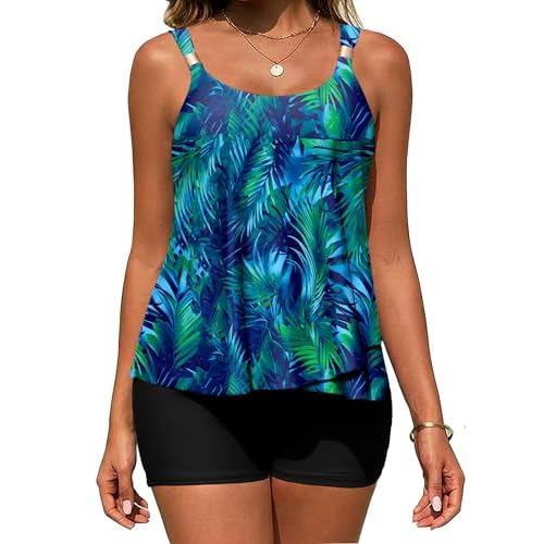 Arolina Womens Two Piece Swimsuit Ruffle High Waisted Tankinis Flowy Bathing Suit Modest Swimwear with Pockets (S-26W) Small Blue Green Leaves