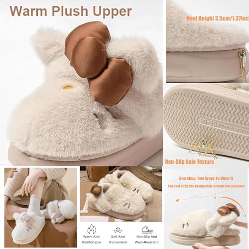 Women's Cute Cartoon Embroidery Bow Decor Plush Slippers,Adorable Fuzzy Cozy Cat Plush Slipper with Dual-Wear Ways3