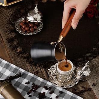 DEMMEX Turkish Greek Arabic Coffee Making and Serving Full Set with Cups Saucers Lids Sugar Bowl Tray and Copper Coffee Pot, Hand Decorated with Gold Crystals, 12 Pcs (Silver)