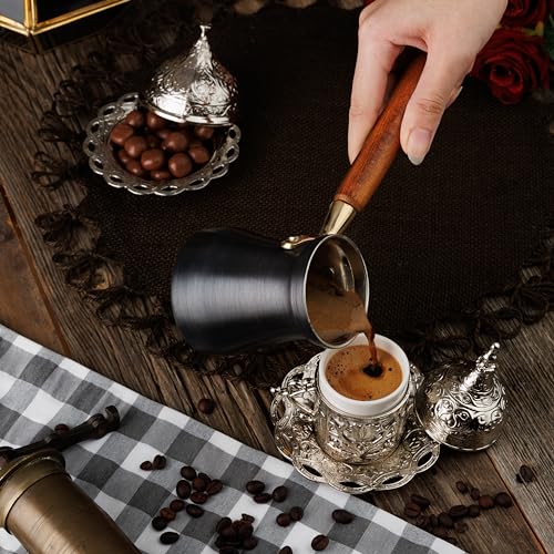 DEMMEX Turkish Greek Arabic Coffee Making and Serving Full Set with Cups Saucers Lids Sugar Bowl Tray and Copper Coffee Pot, Hand Decorated with Gold Crystals, 12 Pcs (Silver)