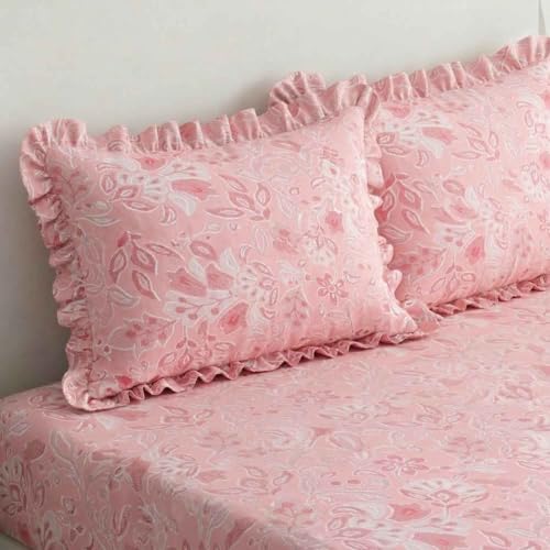 Image of Dream Weaverz- Polycotton Printed Double Bed Size Fitted Elastic Bedsheet,2 Pillow Cover,260 Thread (72 inch x 78 inchx7 inch) Home, Bedroom (Light Pink, King)
