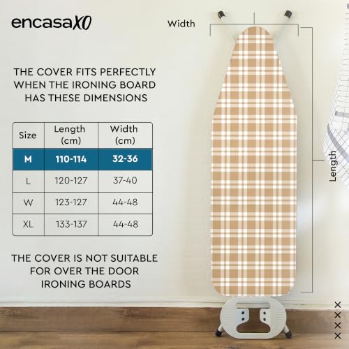 Image of Encasa XO Ironing Board Covers and Pad - 112x34 cm Fits Medium Iron Boards, Thick 4mm Felt, Elasticated Fit, Heat & Scorch-Resistant, Elastic Bungee Cord Tightening & Lock Franca Beige Checks