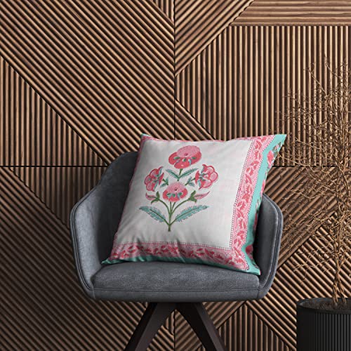 Image of BLOCKS OF INDIA Hand Block Printed Cotton Linen Cushion Cover (16 X 16 Inches) (Green Pink Motifs), 250 TC