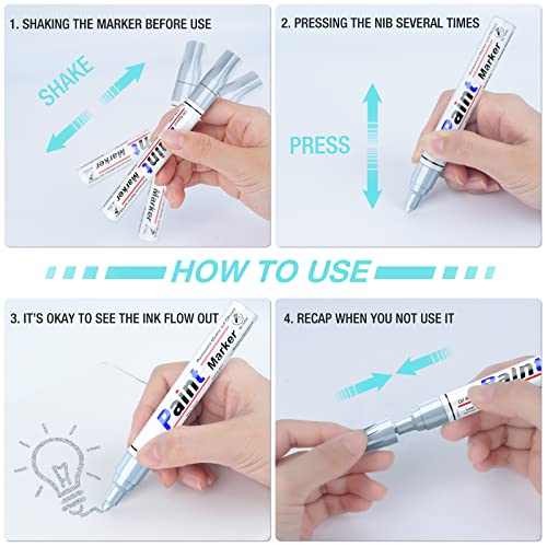 Silver Paint Pen Permanent Metallic Marker - 8 Oil Based Paint Pens, Medium Tip, Quick Drying And Waterproof Marker Pens For Automotive Restoration, Metal, Rock Painting,Fabric,Silver Permanent Marker #TOP6