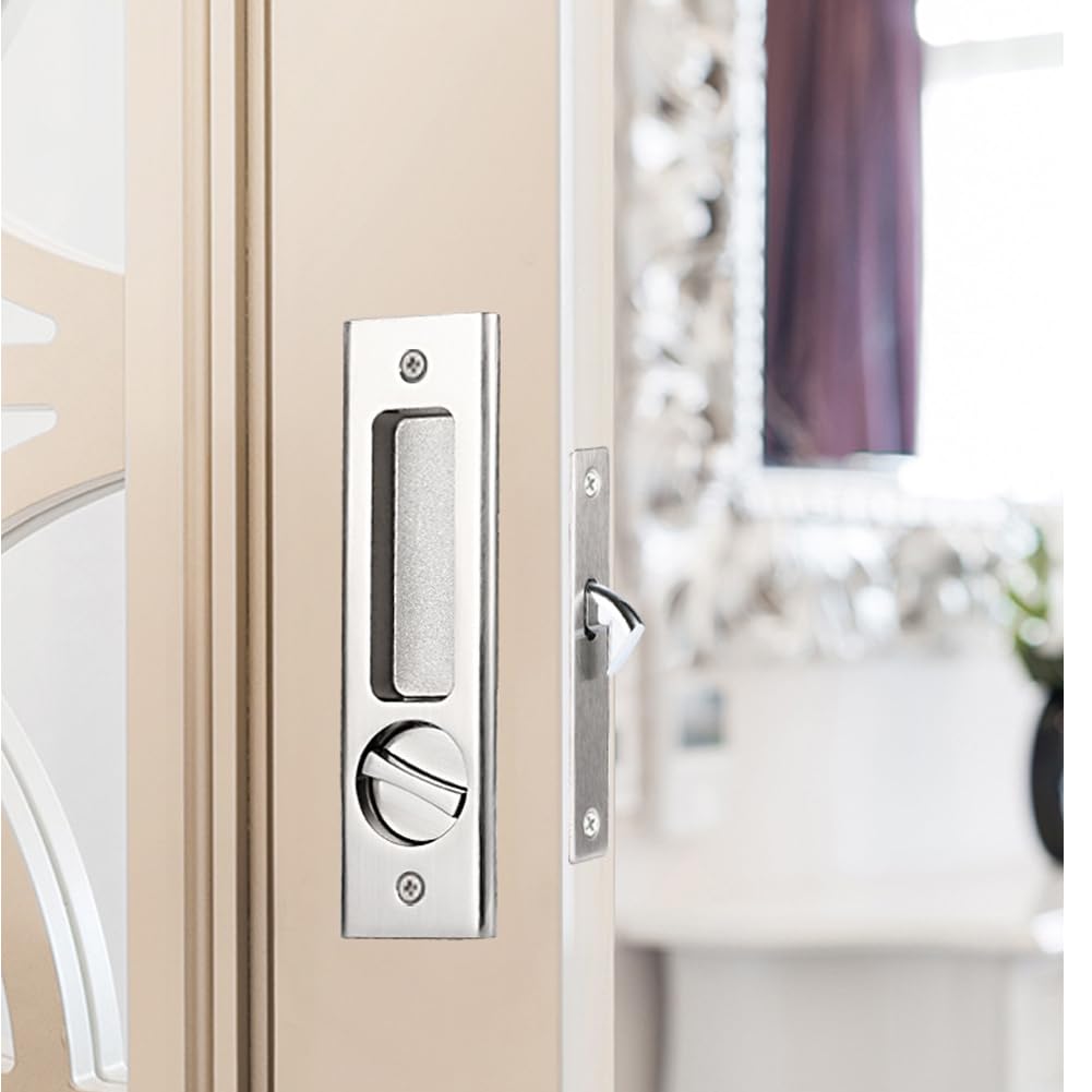 CCJH Cerradura de puerta corredera invisible empotrada con llaves para puerta de bolsillo, puerta de madera de granero, puerta interior, muebles de privacidad, herrajes plateados