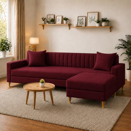 Image of Casaliving Garcia 4 Seater L Shape Convertible Sofa Set for Living Room, 3 Seater & Ottoman Modular Sectional Couch for Small Space (Maroon in Colour Premium Fabric)