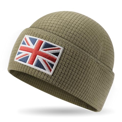 Outdoor Shaping Grid Fleece Cuffed Beanie with Leather American Flag Patch Waffle Tactical Army Military Skull Cap Army Green